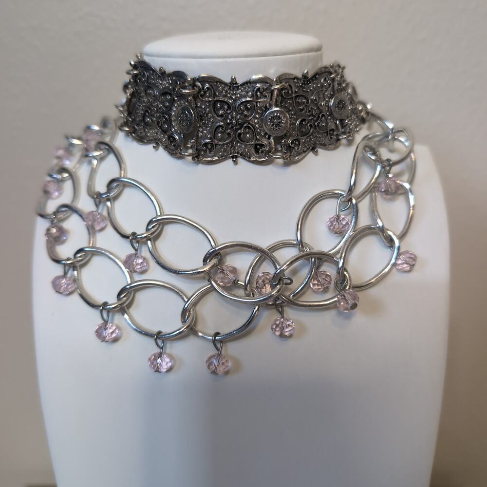 Silver-Tone Filigree Choker and Beaded Chain Necklace Set